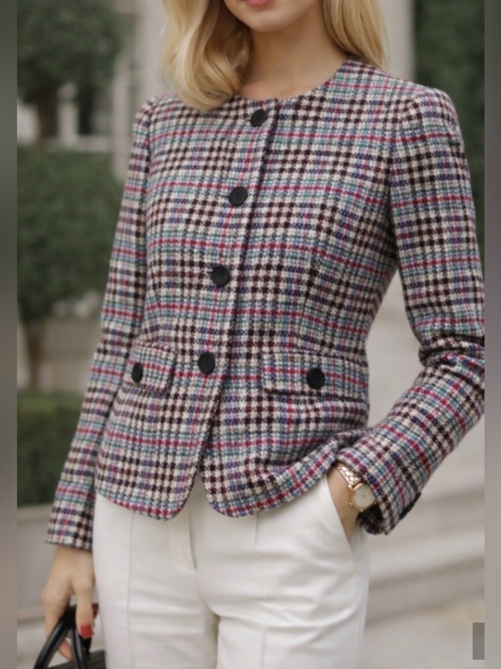 Talbots Multicolored Houndstooth Plaid Wool Blend Blazer Jacket